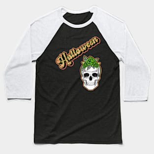 HALLOWEEN FLORAL SKULL WITH HALLOWEEN TYPOGRAPHY PATTERN IN ORANGE Baseball T-Shirt